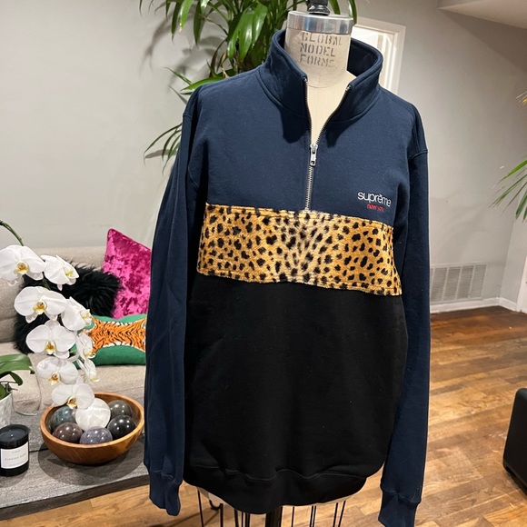SUPREME Faux Fur Leopard Cheetah Half Zip Sweatshirt navy black Unisex - Picture 2 of 7